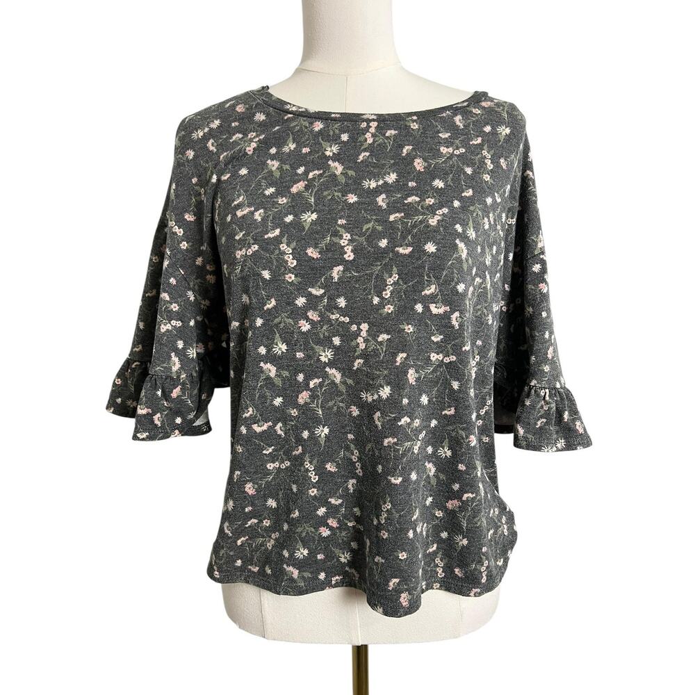 Lauren Conrad Blouse Womens Small Gray Floral Bell Sleeve Ruffle Jersey Top Boho